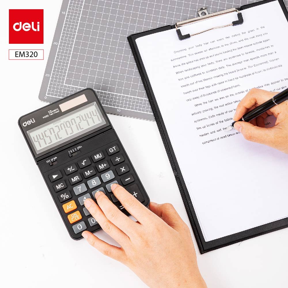 ديلي ألة حاسبة مكتبية - مصدرين طاقة - بدن بلاستيك واجهة معدن - 12 خانة - أسود EM320